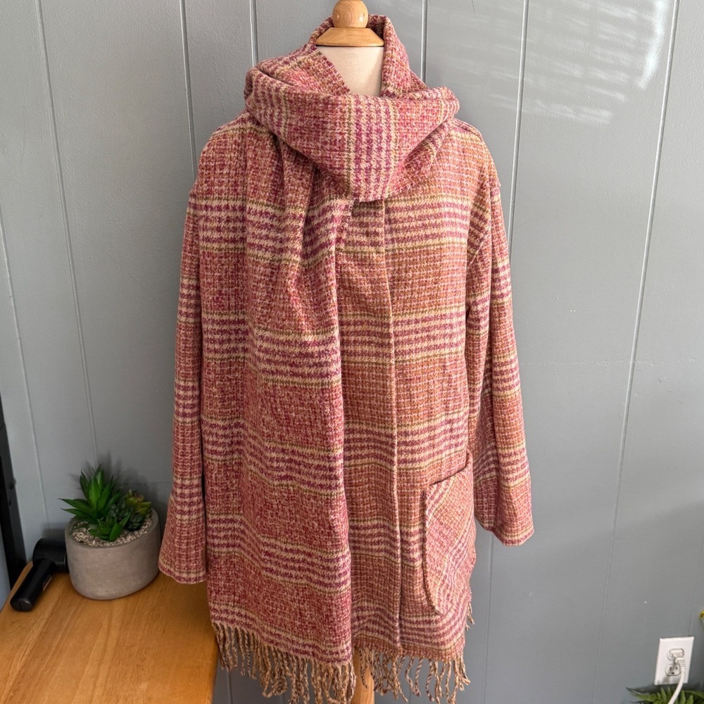 Democracy Womens Large Raspberry Multi Plaid Tubular Fringe Coat Attached Scarf